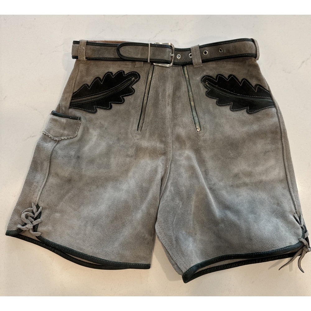 Vintage Grey Suede Lederhosen Shorts Black Leaf Applique Lace Up Alpine 25 Waist
